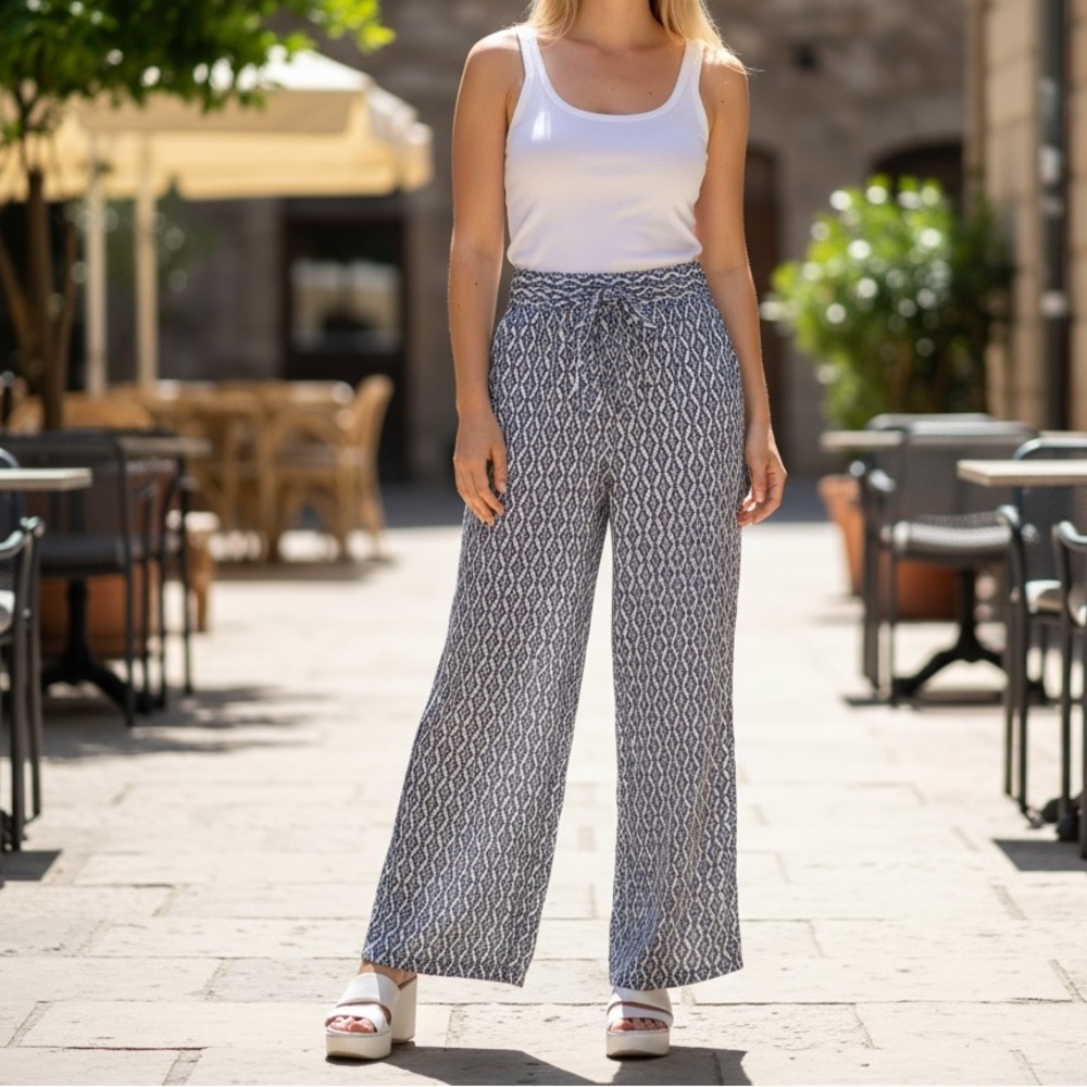 Magic Tie Front Pull On High Waist Striped Comfort Pants Size L
